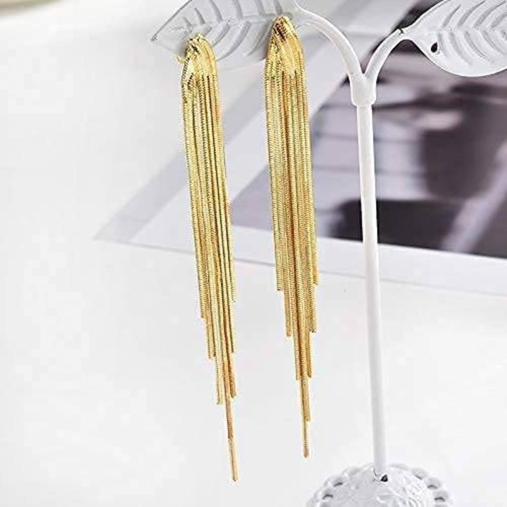 Gold Tassel Drop Earrings Multi Strand Snake Chain Long Dangle Statement Jewelry